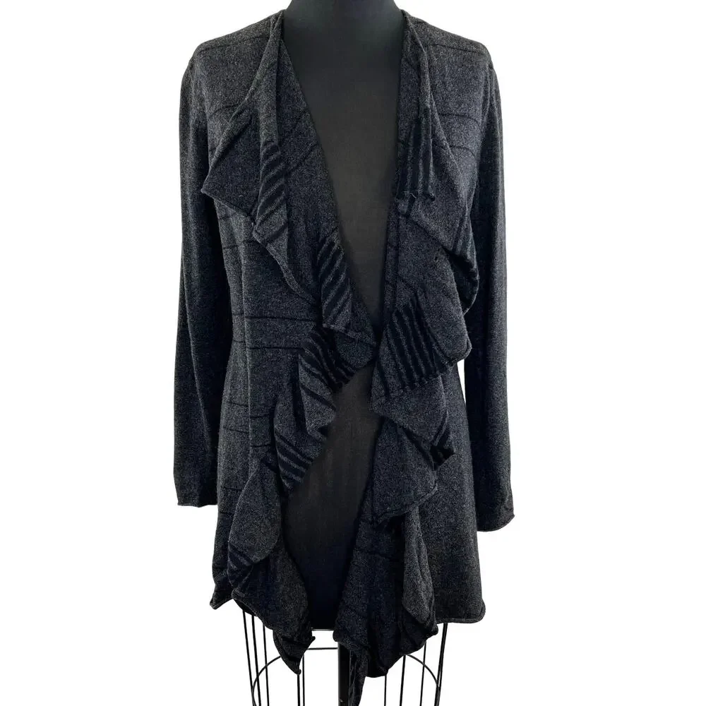 Eileen Fisher Gray Black Merino Wool-Cashmere Ruffle Waterfall Cardigan Size S